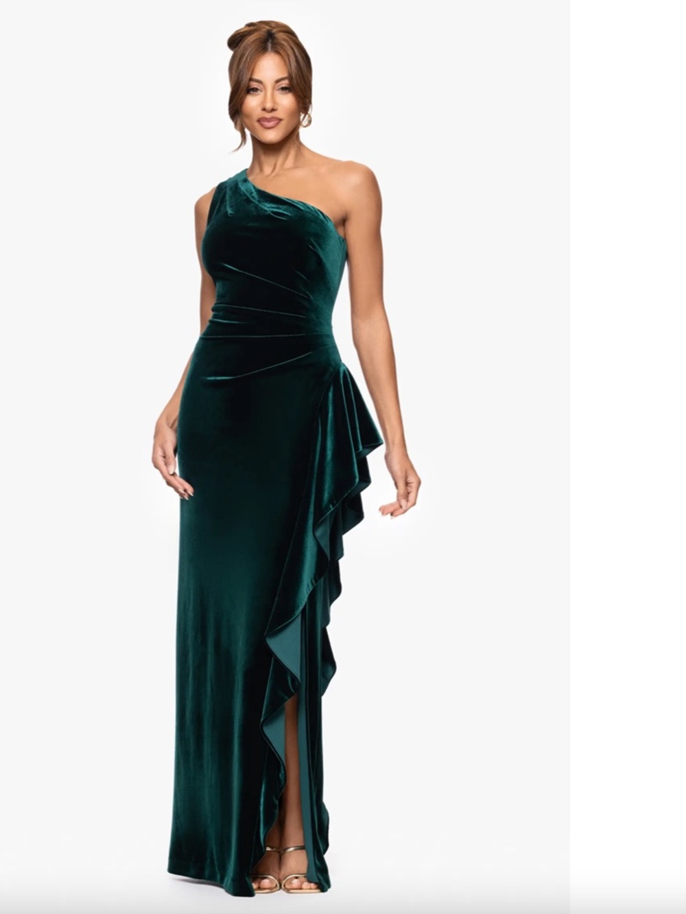 NEW XSCAPE Hunter Green ONE SHOULDER Ruched RUFFLE SIDE Stretch VELVET GOWN 6 - Picture 11 of 12